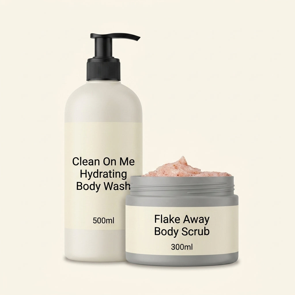 Soap & Glory shower duo bundle with Clean on Me 500ml and Flake Away 300ml, imported from the UK