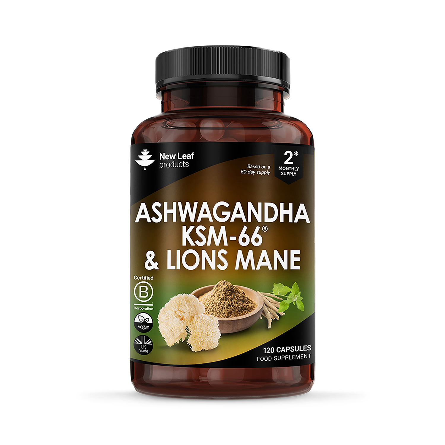 New Leaf Ashwagandha and Lion's Mane supplement 120 capsules (British brand)