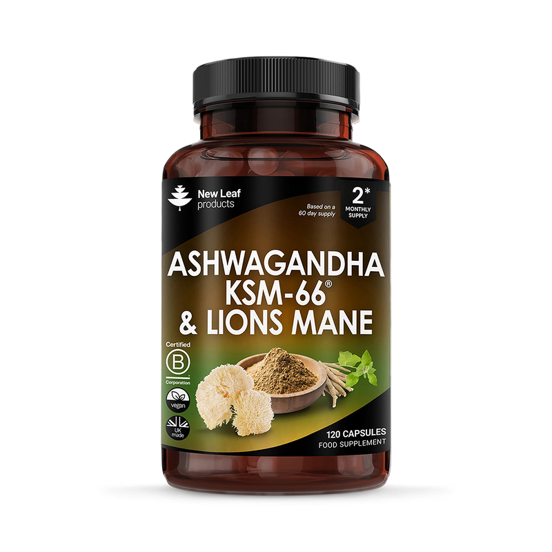 New Leaf Ashwagandha and Lion's Mane supplement 120 capsules (British brand)