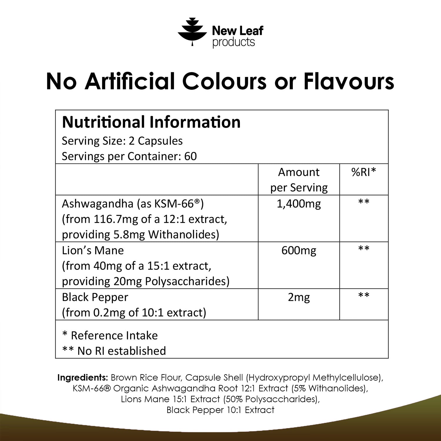 New Leaf Ashwagandha and Lion's Mane supplement 120 capsules (British brand)