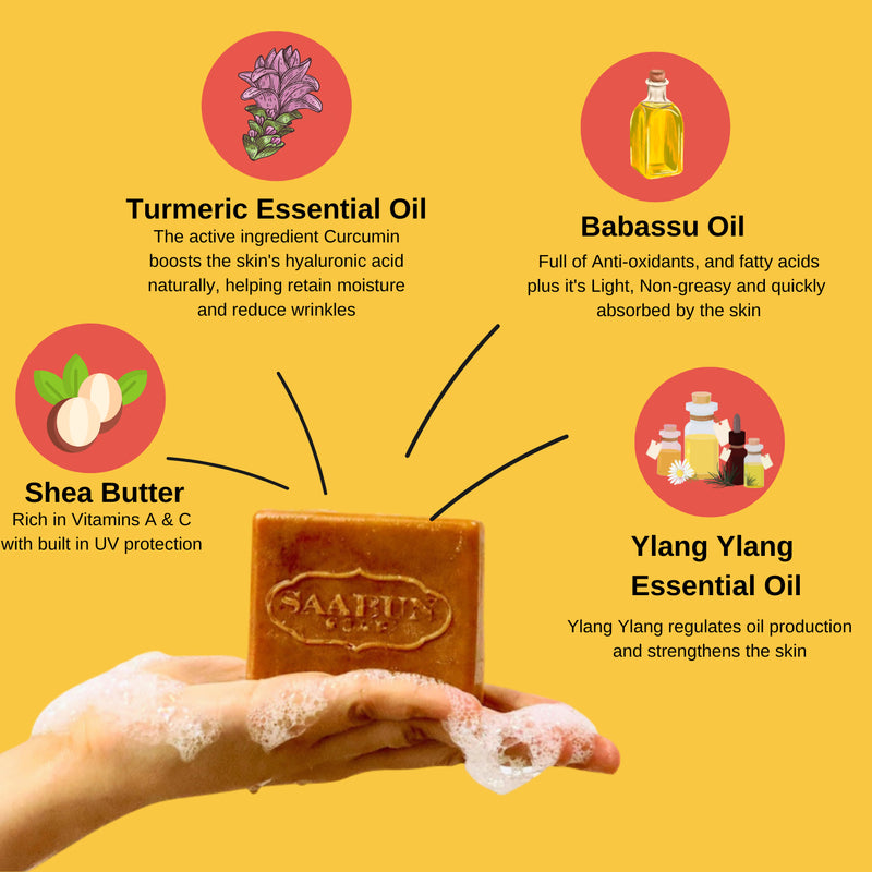 Saabuni turmeric hand and body soap bar 90g, imported from the UK