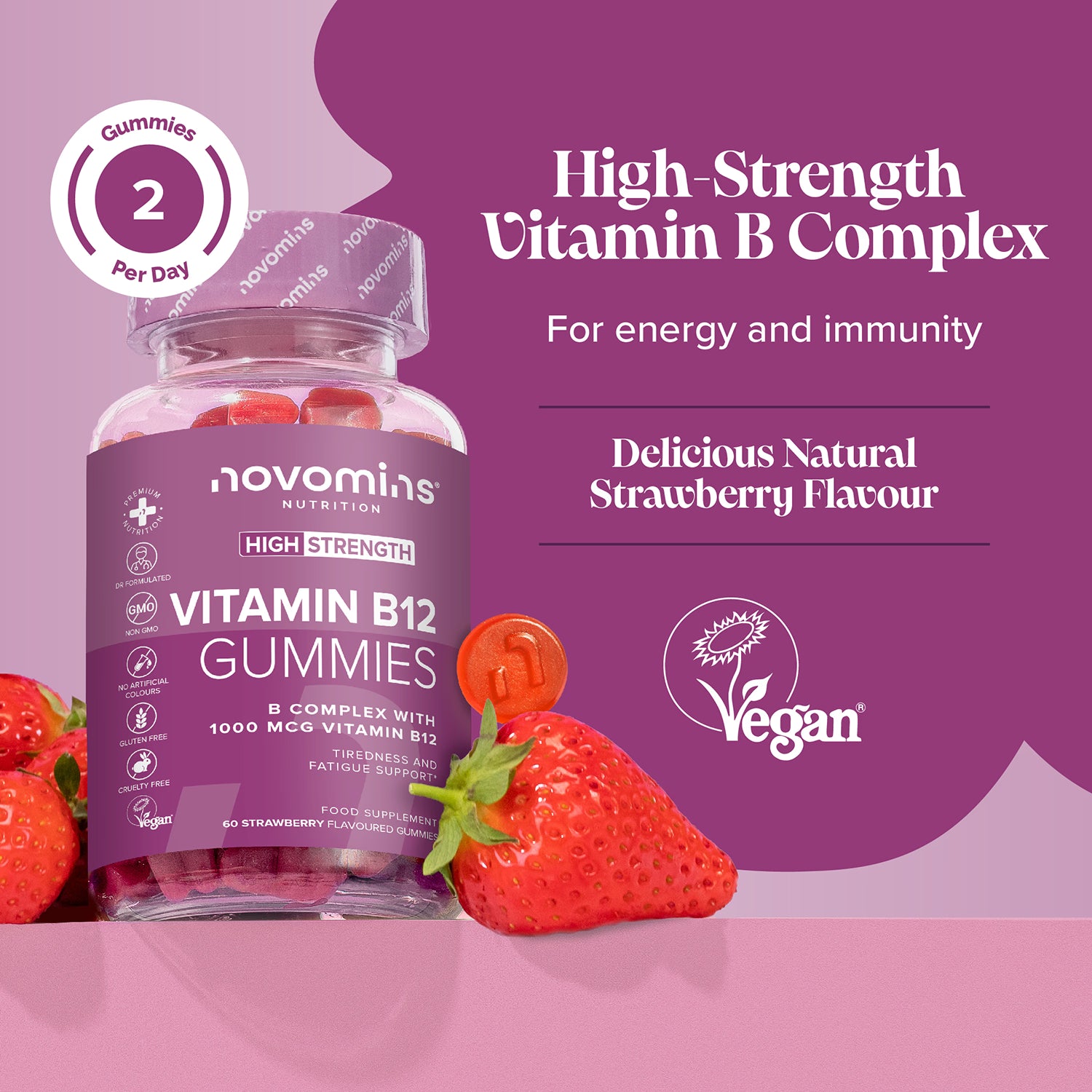 Novomins B12 strawberry flavour gummies 60 count (British brand)