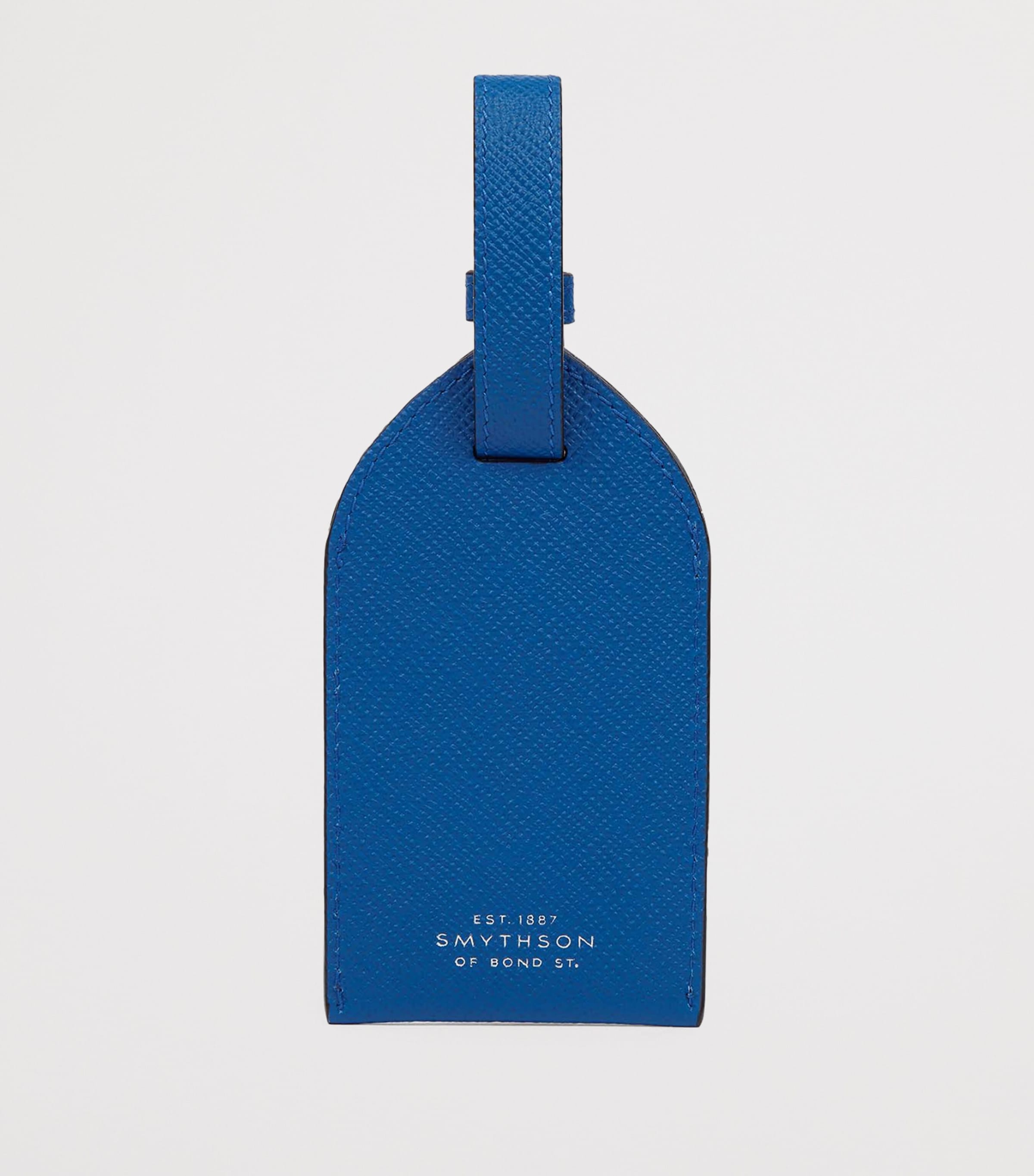 Smythson leather luggage tag with press-stud fastening and adjustable strap 12.5cm x 7cm (British brand)