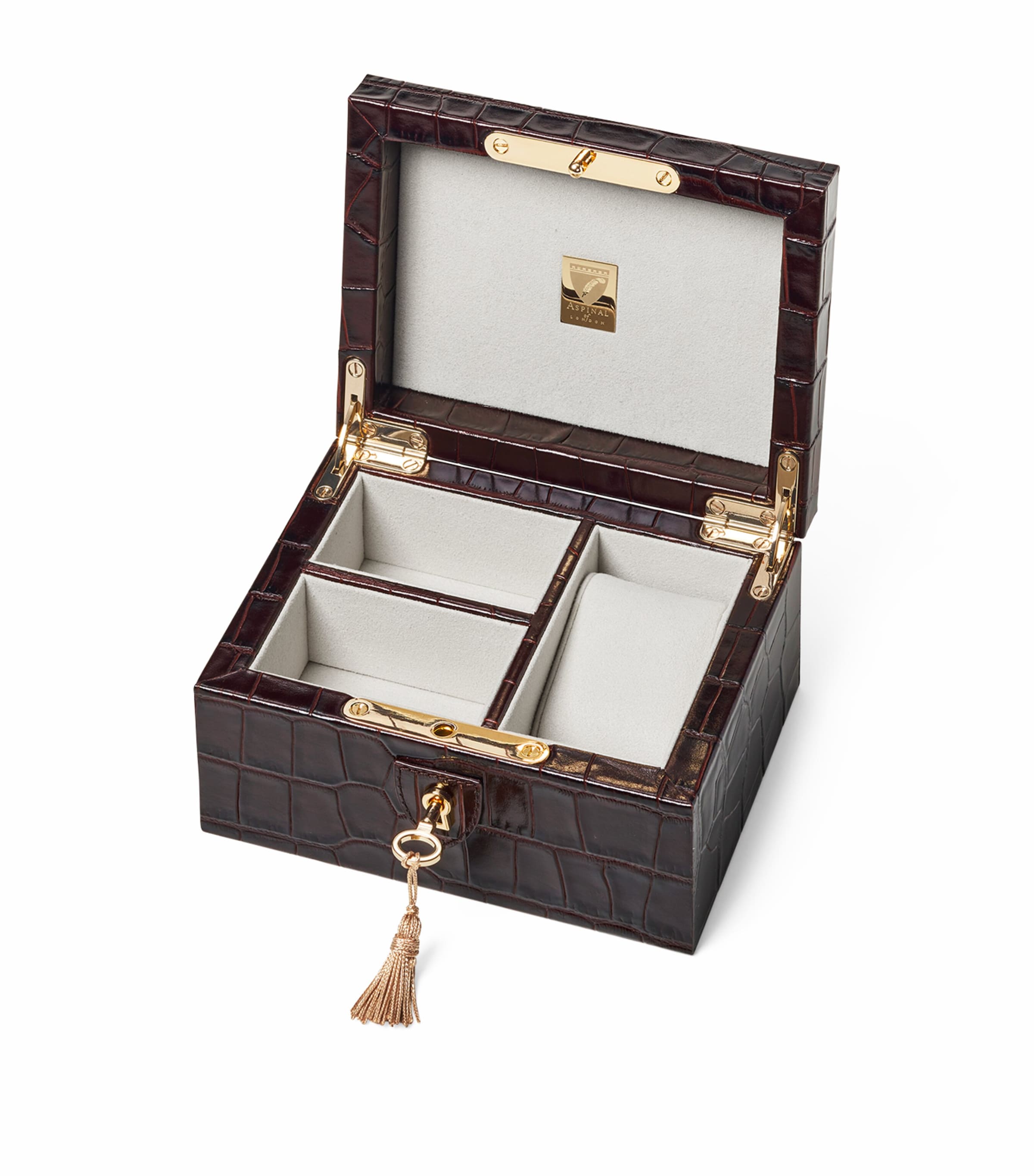 Aspinal of London leather croc-embossed watch and cufflinks box - British product
