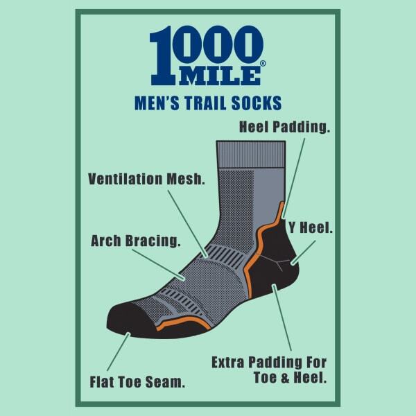 1000 Mile mens trail socks single layer twin pack - British product