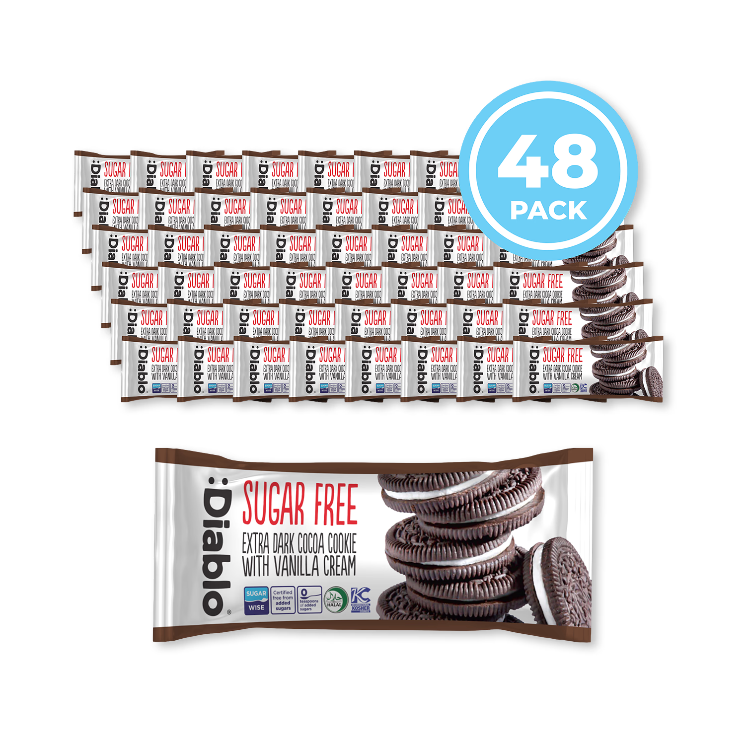 Diablo sugar-free extra dark cocoa vanilla cream cookies, imported from the UK