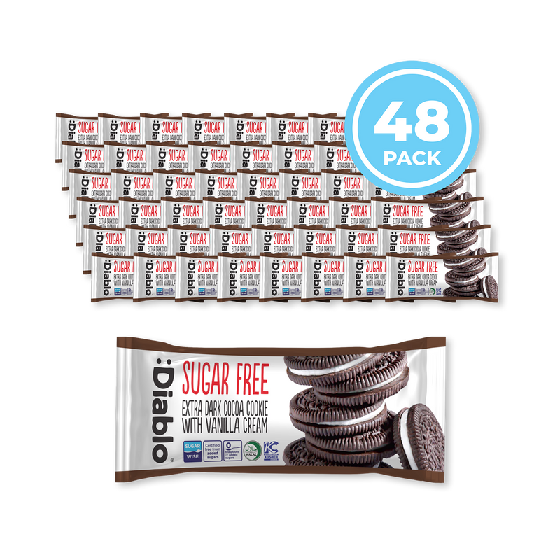 Diablo sugar-free extra dark cocoa vanilla cream cookies, imported from the UK