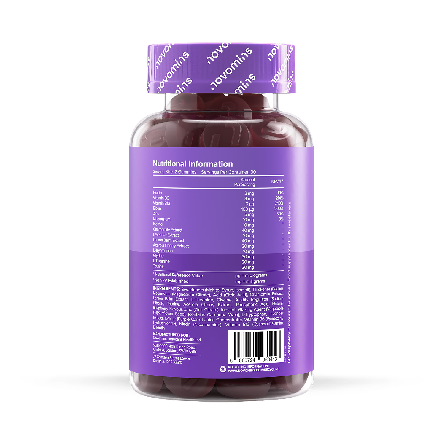 Novomins Night Time Raspberry Gummies 60, imported from the UK