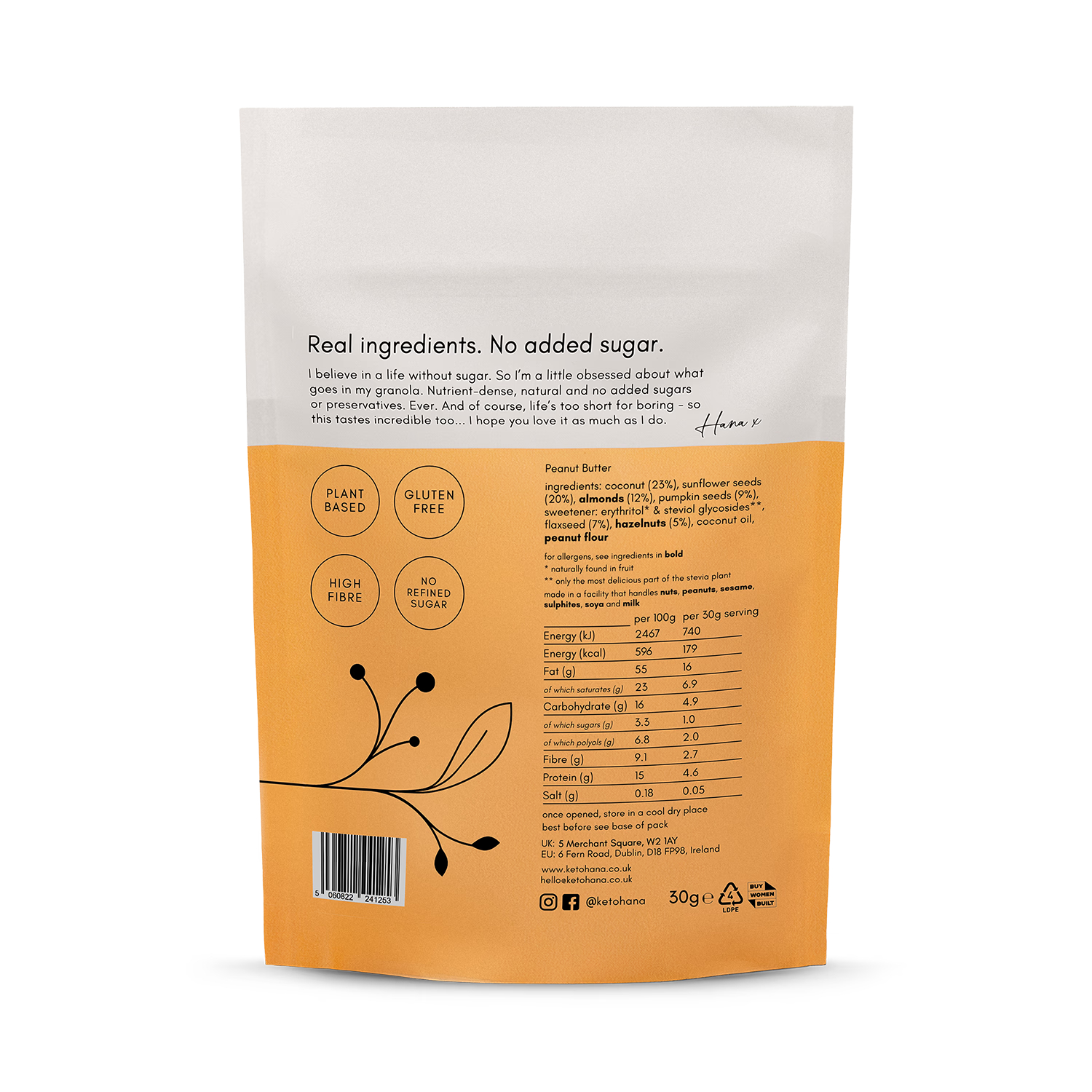Keto Hana Peanut Butter Granola 30g packet, UK version