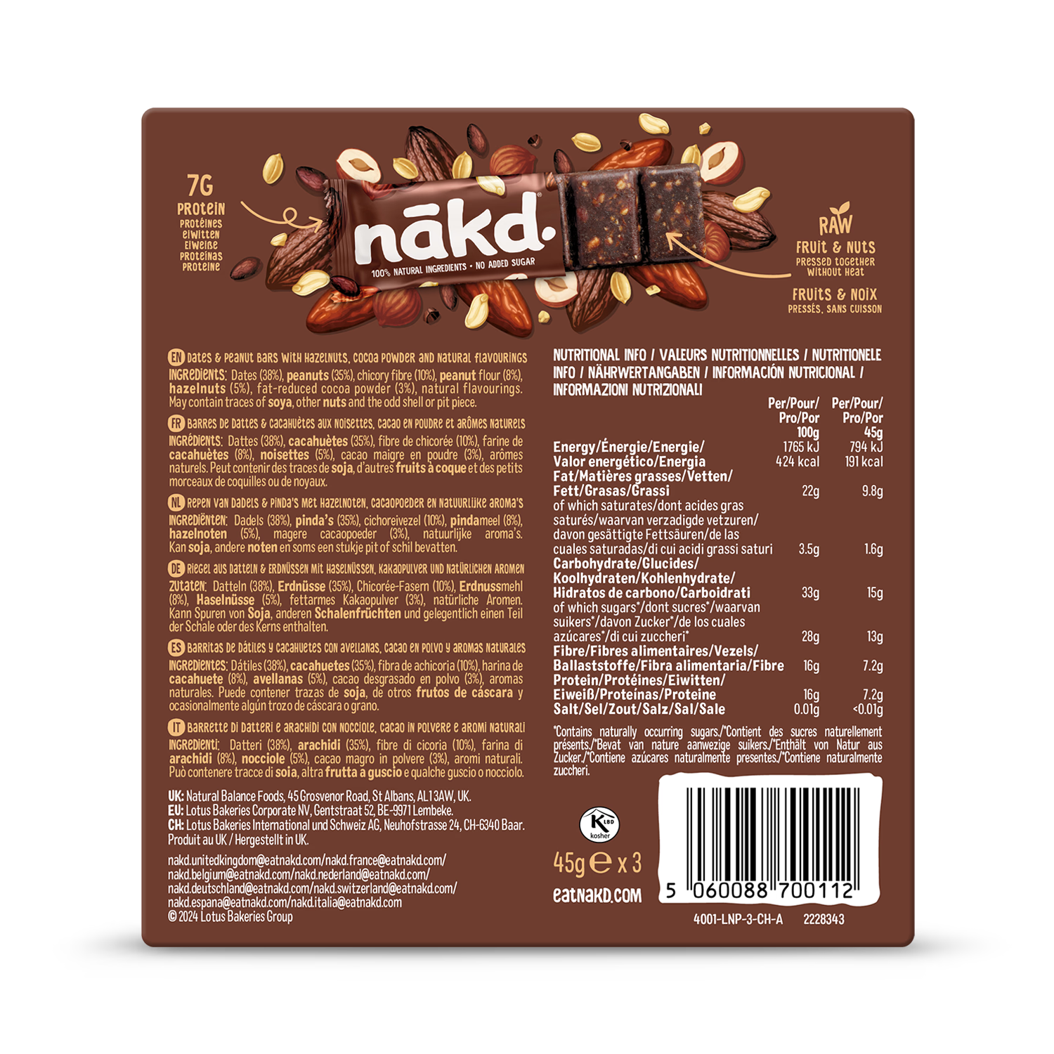 Nakd protein bar cocoa hazelnut 3x45g, UK version
