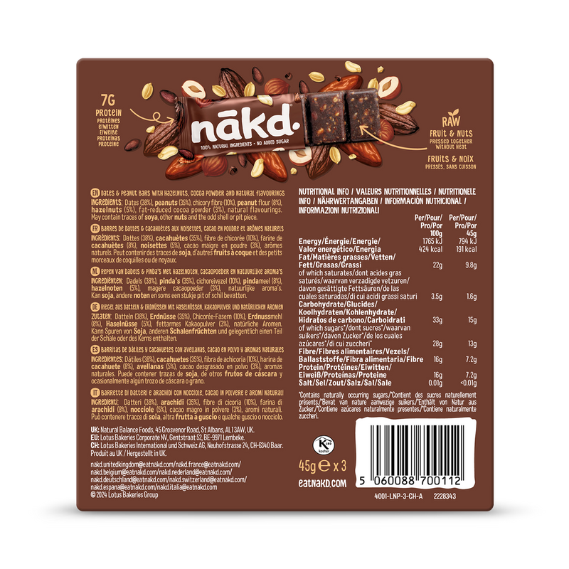 Nakd protein bar cocoa hazelnut 3x45g, UK version
