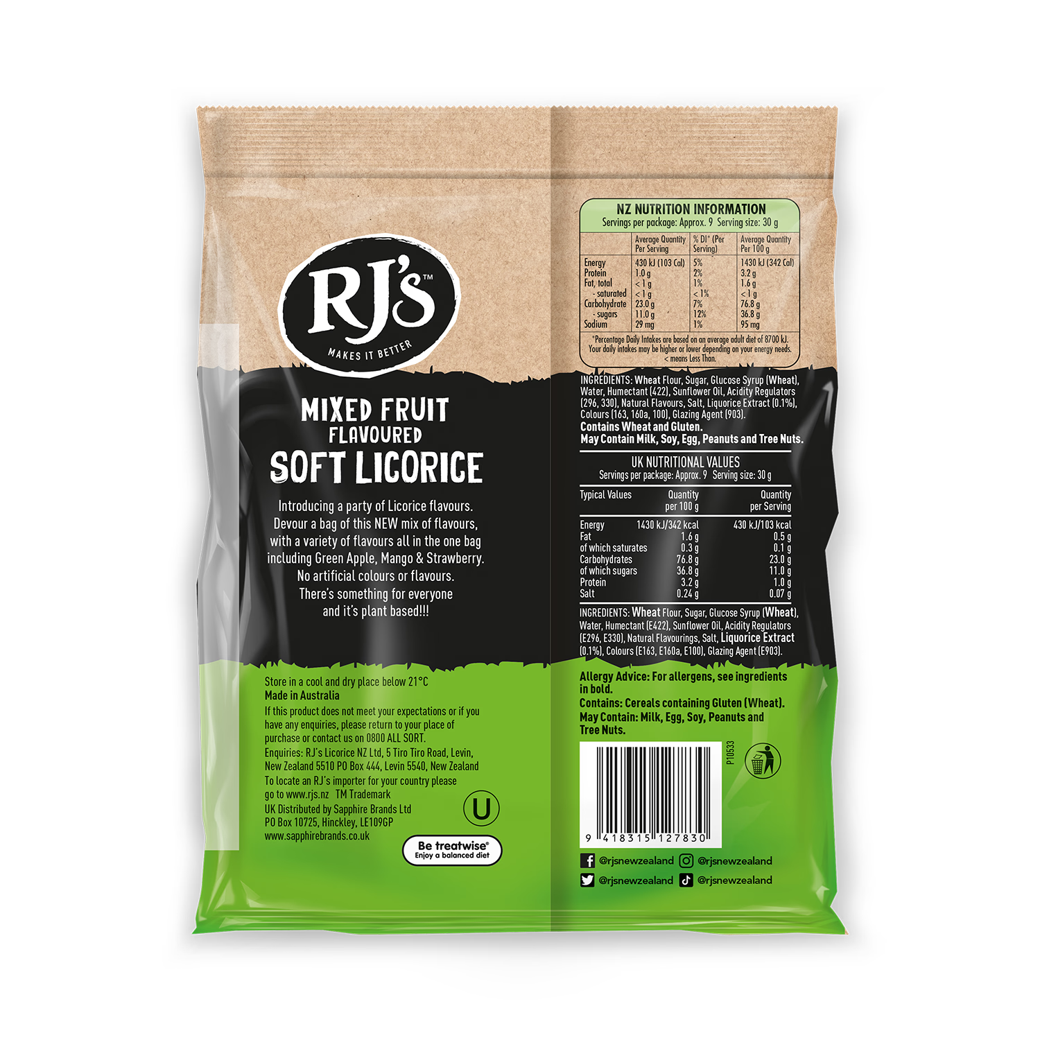 RJs Mixed Fruit Soft Licorice 280g, imported from the UK
