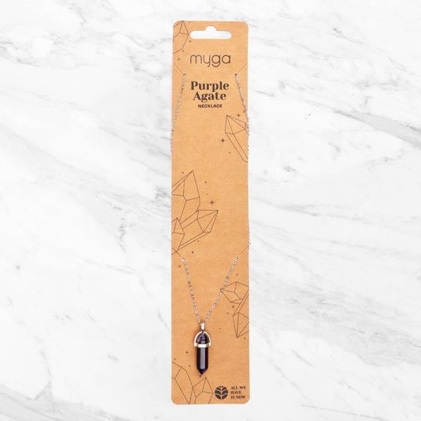 Myga silver plated necklace with purple agate pendant, imported from the UK
