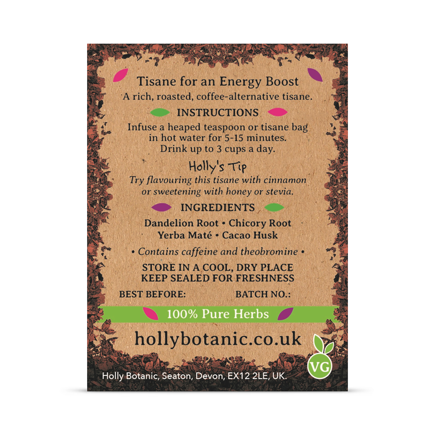 Holly Botanic Energise Tisane cacao maté 60 cups (British brand)