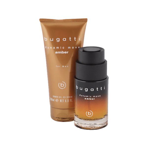 Bugatti Dynamic Move Amber men's gift set with EDT and shower gel, imported from the UK