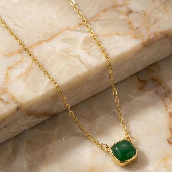 MUCHV gold square necklace with emerald green stone, imported from the UK