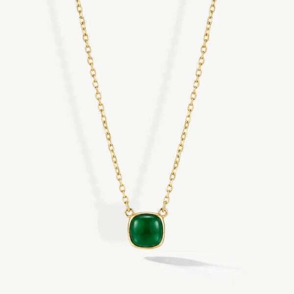 MUCHV gold square necklace with emerald green stone, imported from the UK