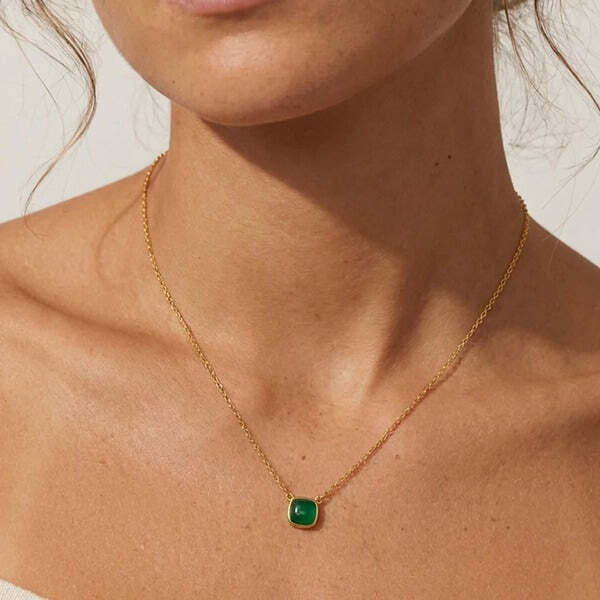 MUCHV gold square necklace with emerald green stone, imported from the UK