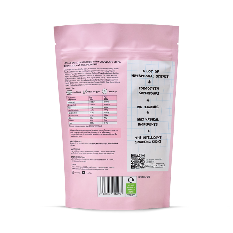 Ashwagandha chocolate chip cookies, vegan and gluten-free - British product