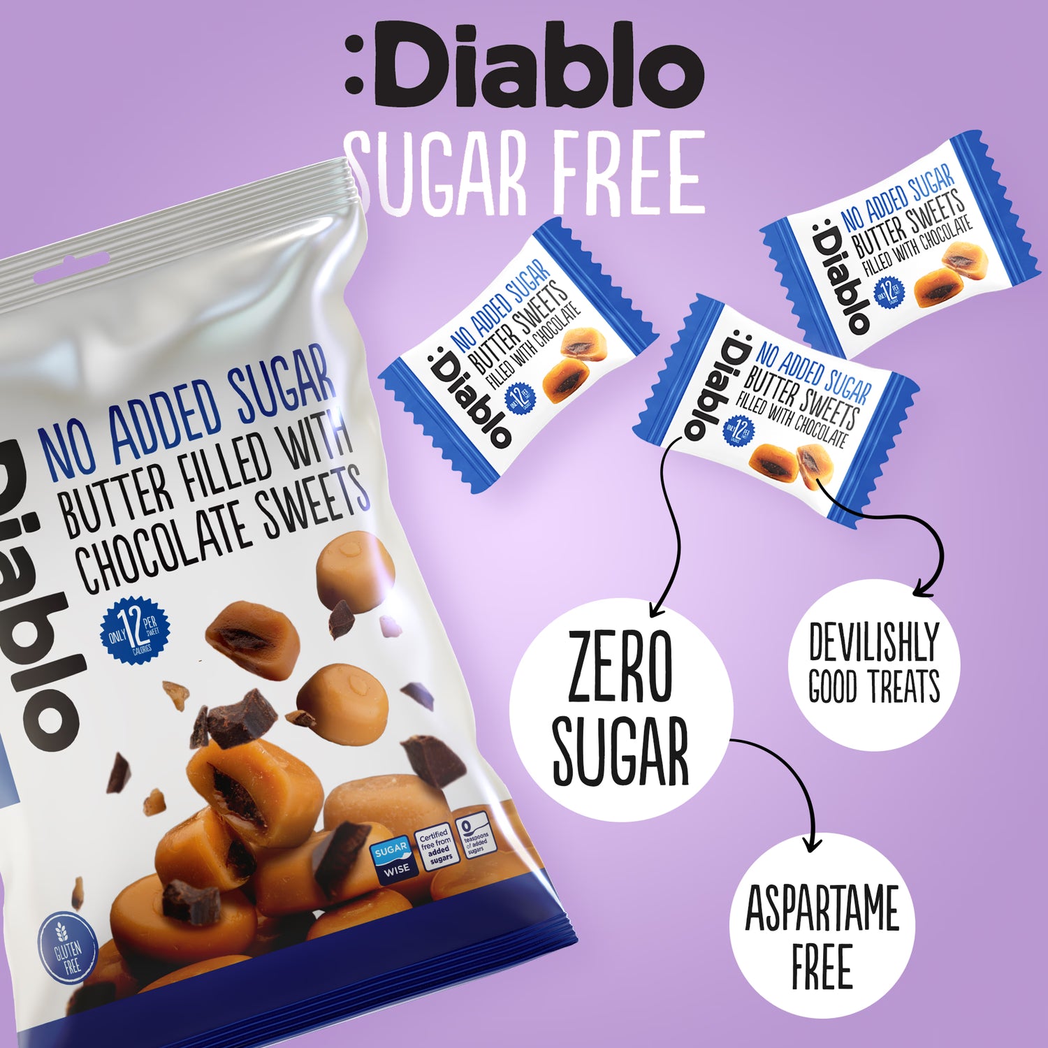 Diablo butter sweets chocolate filled 75g, imported from the UK