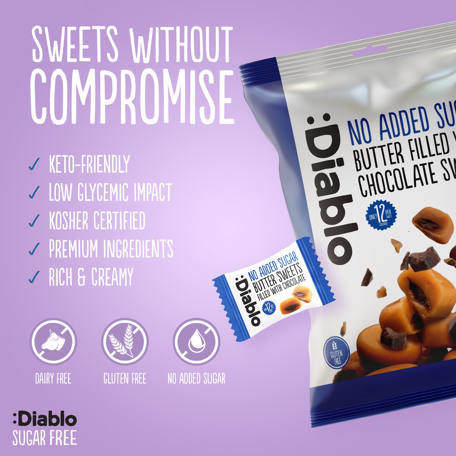 Diablo butter sweets chocolate filled 75g, imported from the UK