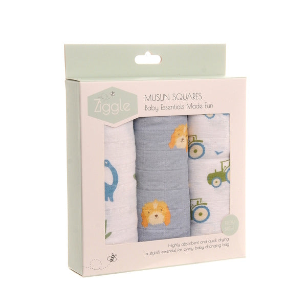 Ziggle Muslin Square 3 Pack - Pastel Blue - Tractor, Dinosaur &amp; Dog