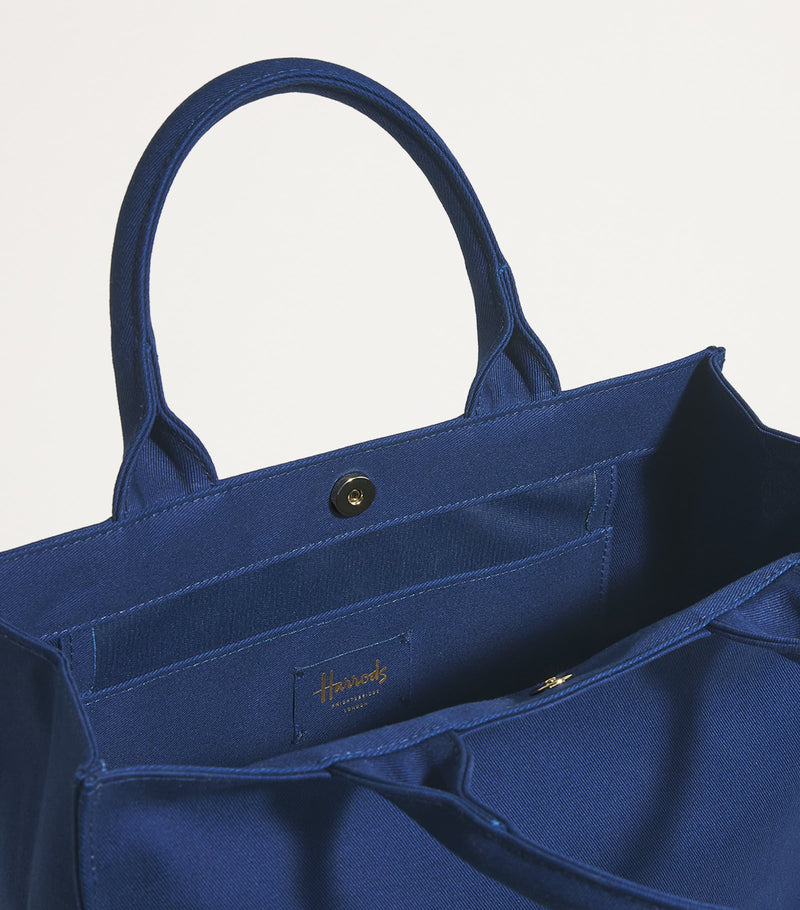 Harrods tote-veske i bomull med logo, medium, britisk versjon