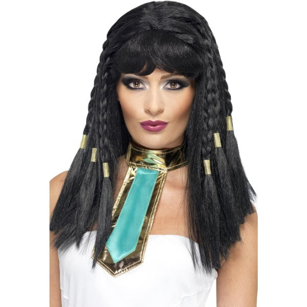 Smiffys Cleopatra wig black braided gold trim, imported from the UK