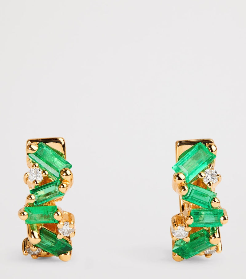Suzanne Kalan yellow gold emerald diamond huggie earrings, UK version