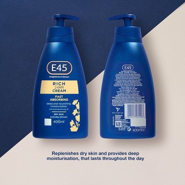 E45 Rich 24H Fast Absorbing Moisturiser Cream for dry skin Pump   400ml