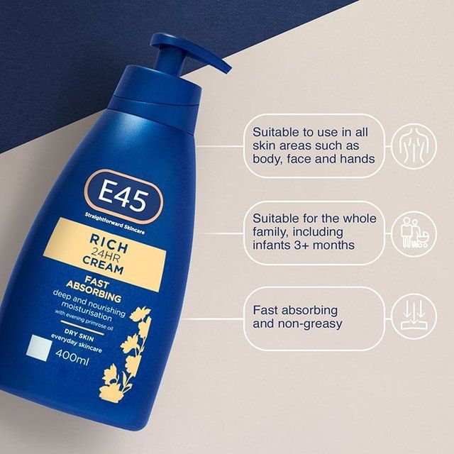 E45 Rich 24H Fast Absorbing Moisturiser Cream for dry skin Pump   400ml