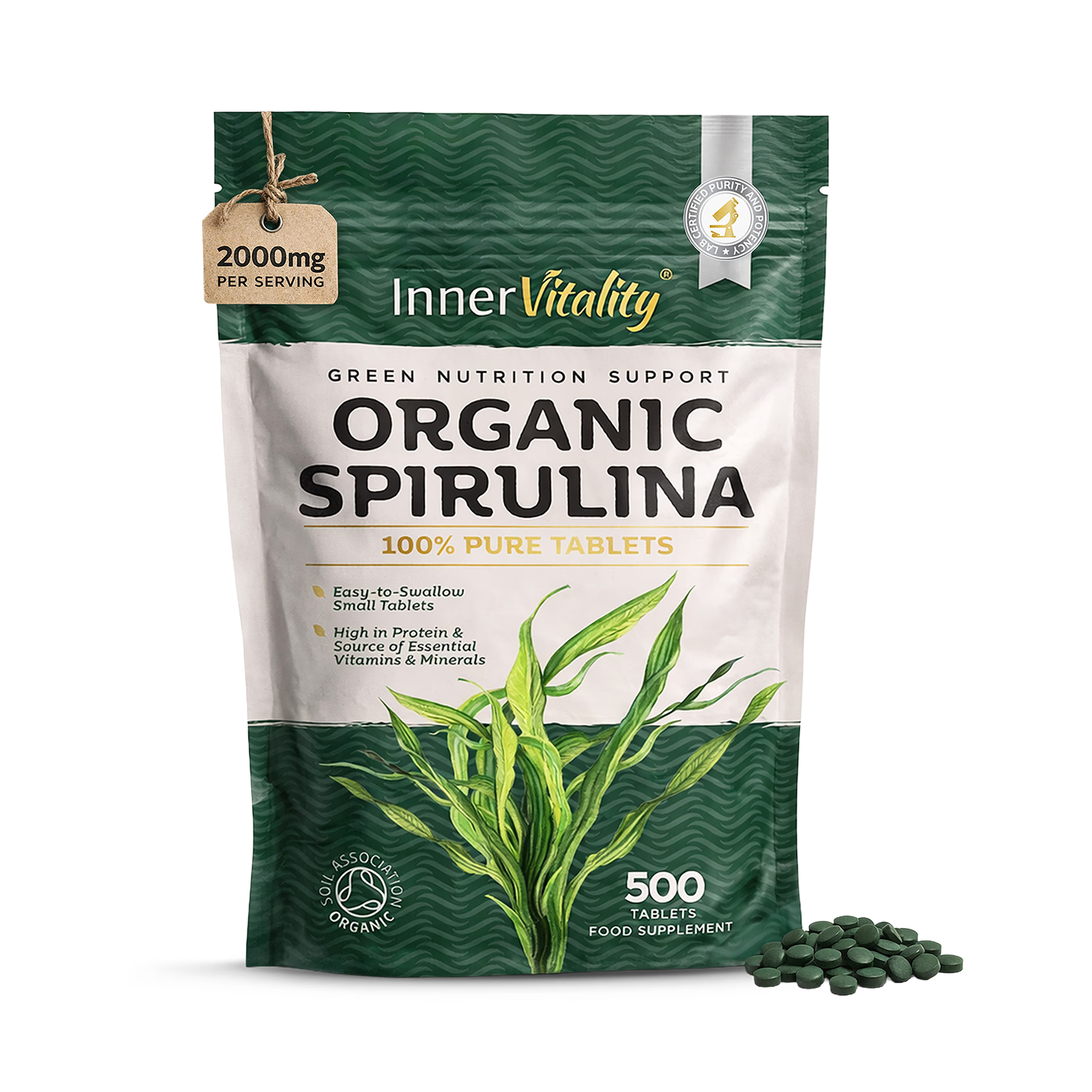 Inner Vitality organic spirulina tablets 500 count, imported from the UK