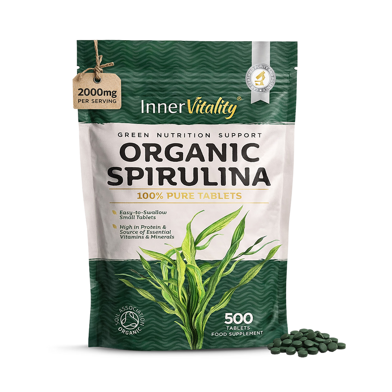 Inner Vitality organic spirulina tablets 500 count, imported from the UK
