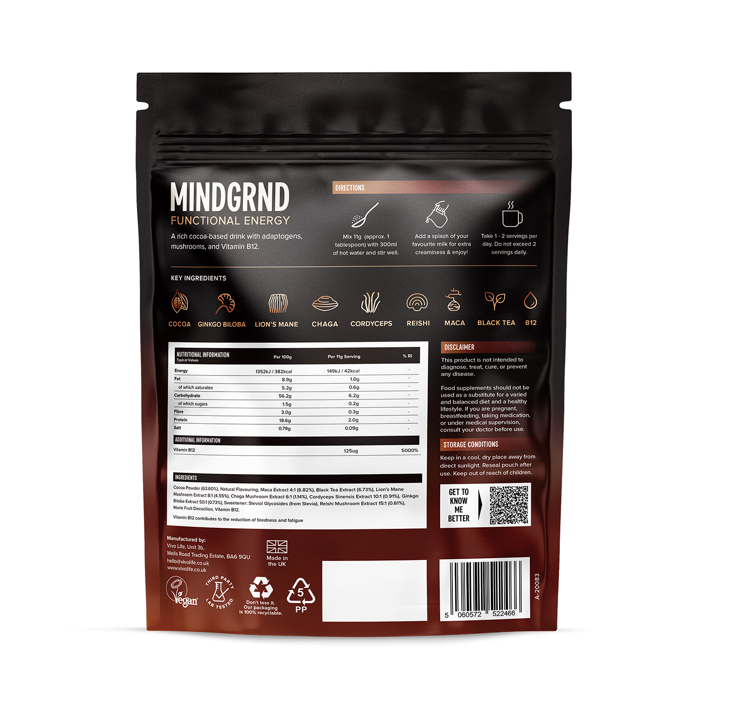 MINDGRND Functional Energy chocolate blend powder, UK productivity drink - British product