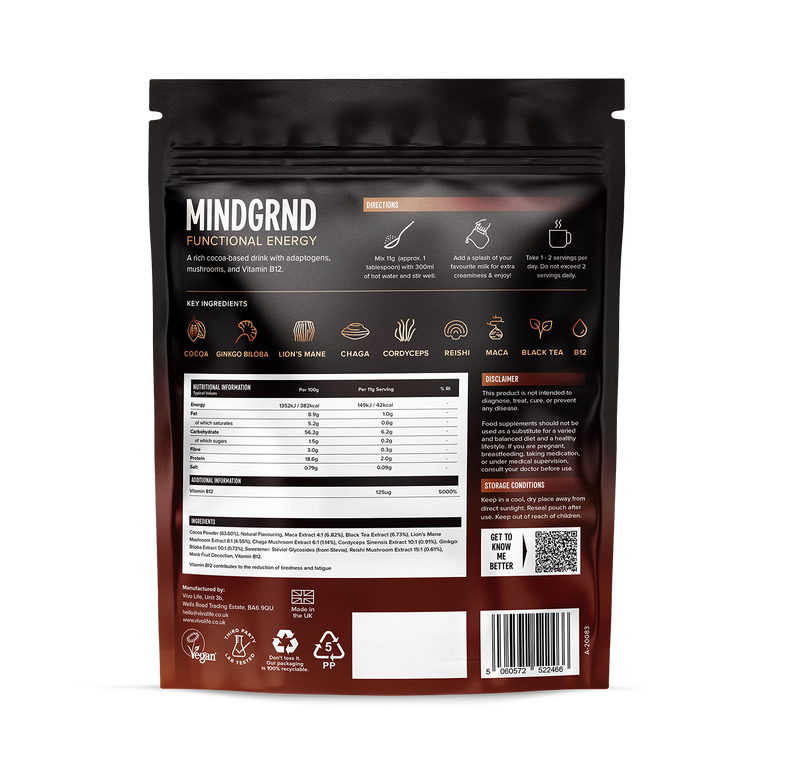 MINDGRND Functional Energy chocolate blend powder, UK productivity drink - British product