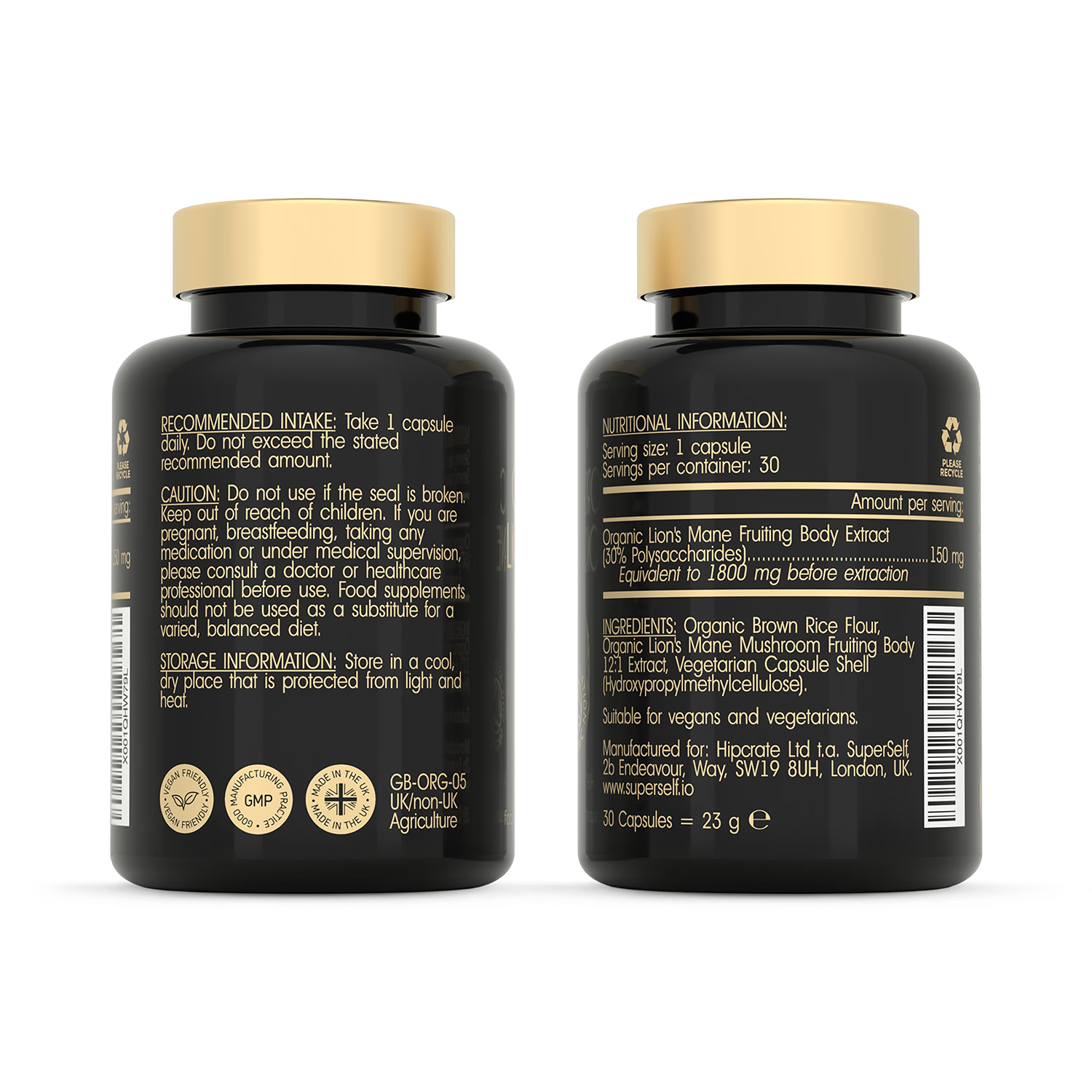 SuperSelf organic Lion's Mane mushroom supplement 30 capsules, UK version