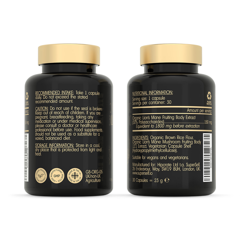 SuperSelf organic Lion's Mane mushroom supplement 30 capsules, UK version