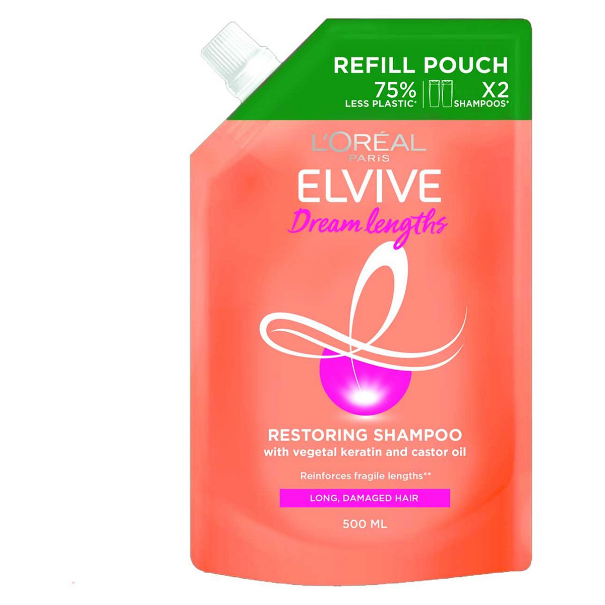 L'Oreal Paris Elvive Dream Lengths Shampoo Refill Pouch for Long, Damaged Hair 500ml GOODS Boots   