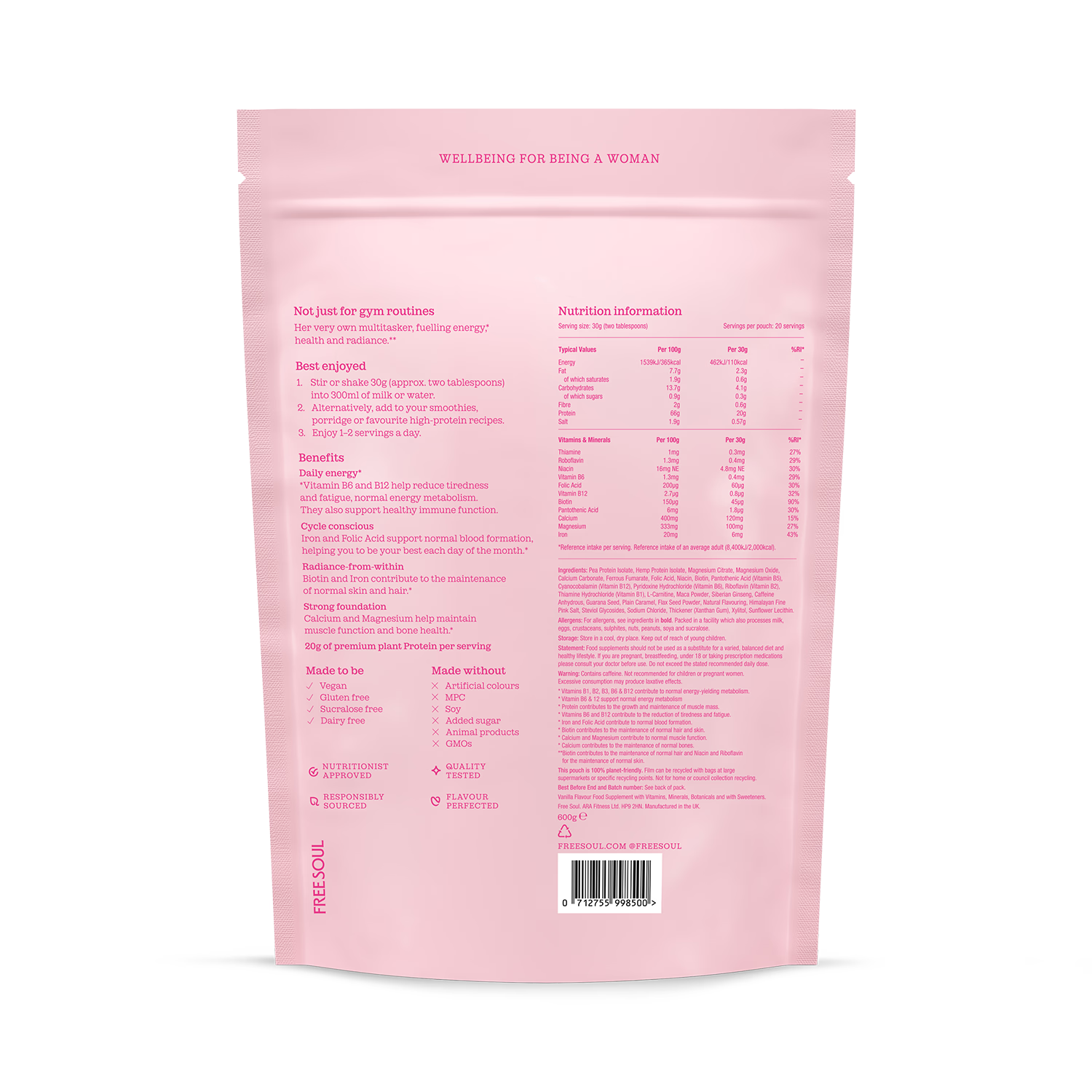 Free Soul vegan protein blend vanilla 600g, UK version