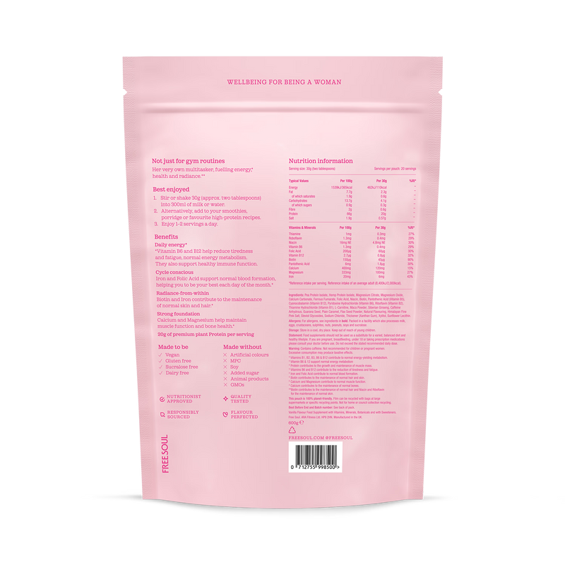 Free Soul vegan protein blend vanilla 600g, UK version