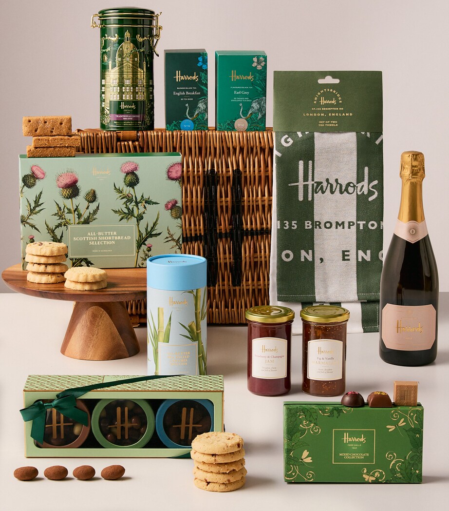 Harrods Housewarming Hamper with tea, coffee, chocolate, and Champagne, UK version