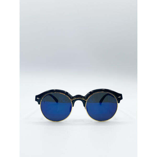 SVNX schwarze runde Sonnenbrille mit blauen Revo-Gläsern und Golddetail, importiert aus dem Vereinigten Königreich