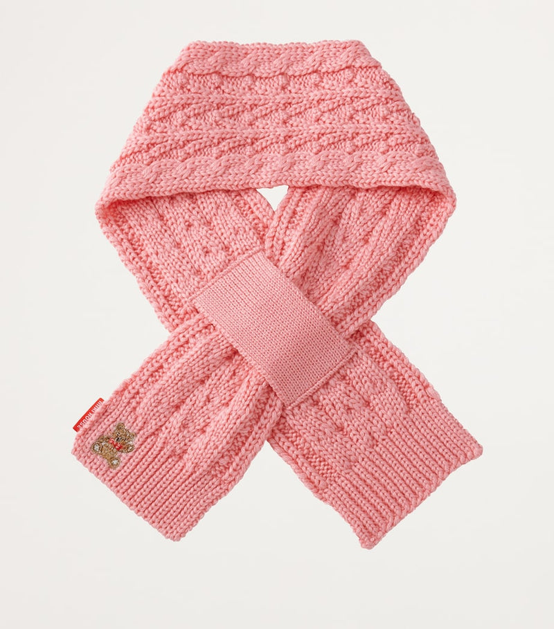 Miki House bear-embroidered cable-knit scarf - British product