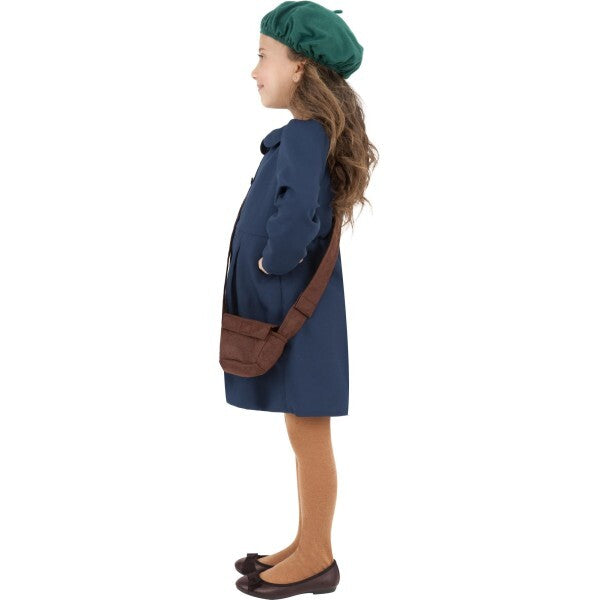 Smiffys WWII evacuee girl costume blue dress hat bag, imported from the UK