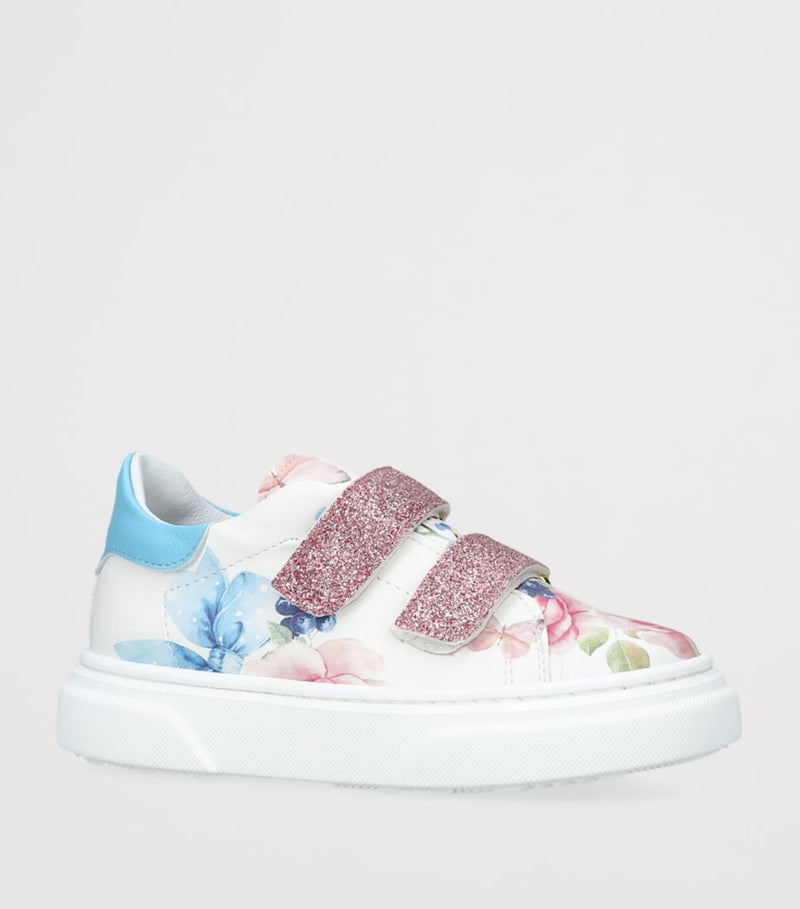 Monnalisa floral print leather sneakers for children with Velcro fastening, imported from the UK