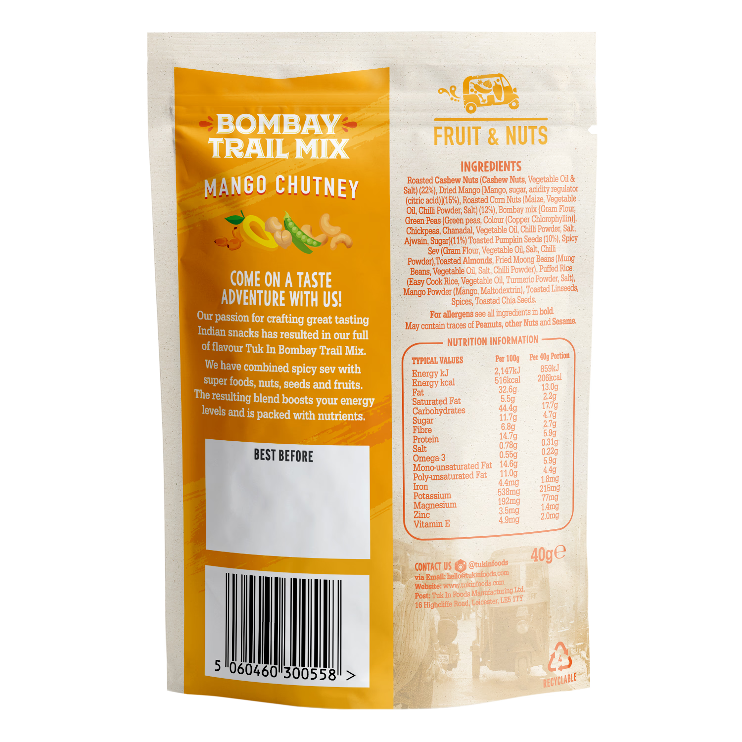 Tuk In Foods Bombay Trail Mix Mango Chutney 40g, imported from the UK