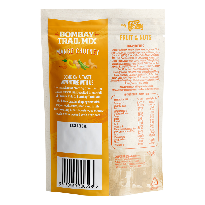 Tuk In Foods Bombay Trail Mix Mango Chutney 40g, imported from the UK