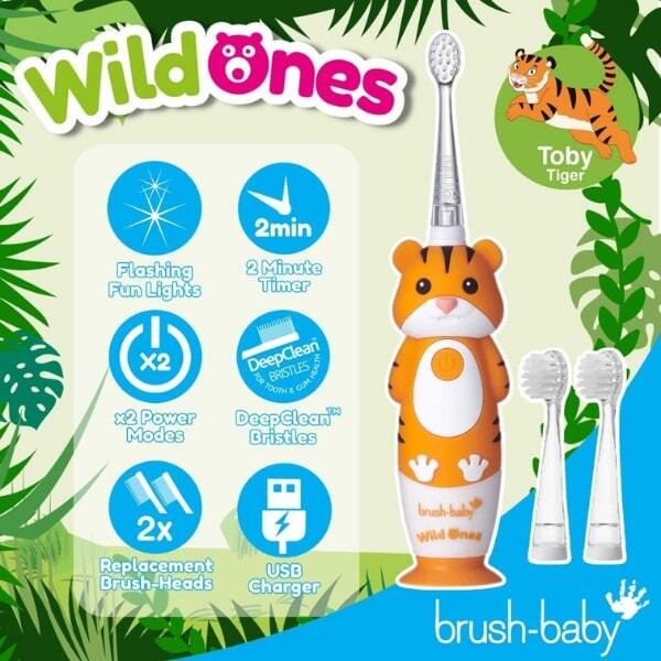 Brush Baby WildOnes Tiger Kids Electric Toothbrush Gift Set - British product