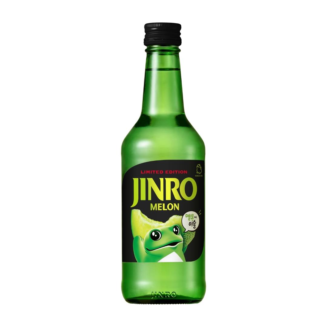 Jinro melon soju 13% ABV spirit bottle, UK version