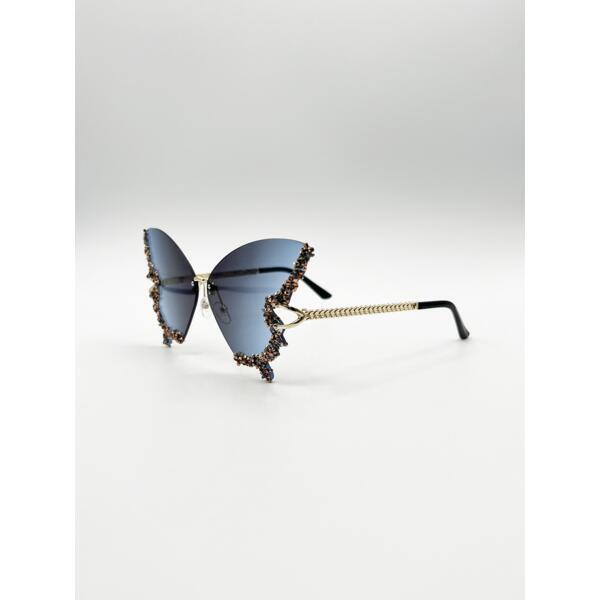 SVNX butterfly sunglasses blue crystal detail gold metal frame, imported from the UK